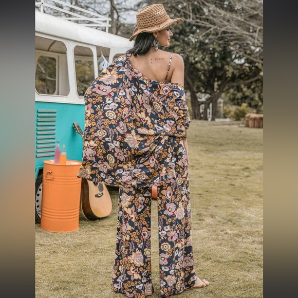 #140• Boho Allover Floral Print Cami Top &Wide Leg Pants &Kimono Set 100%Viscose - Picture 2 of 4